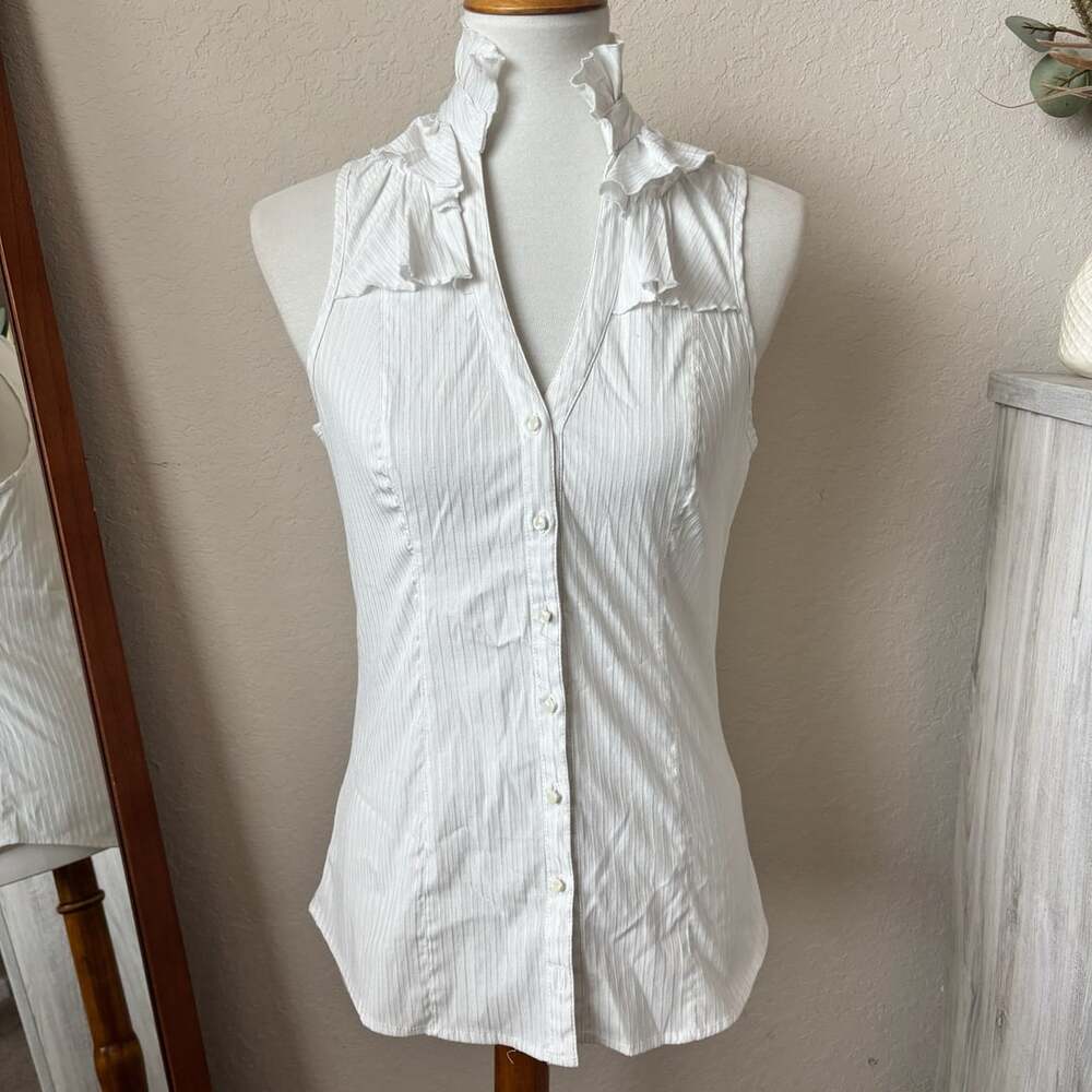 Ragged Y2K White Ruffled Sleeveless Button-Up Blouse Sz Large